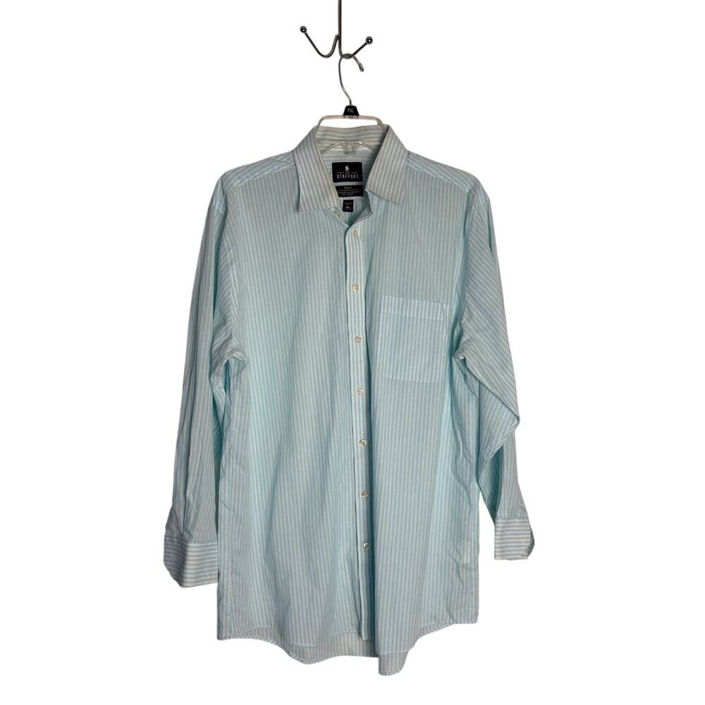 Stafford Mens Dress Shirt Size 16.5 32/33 Blue White Striped Easy Care Travel